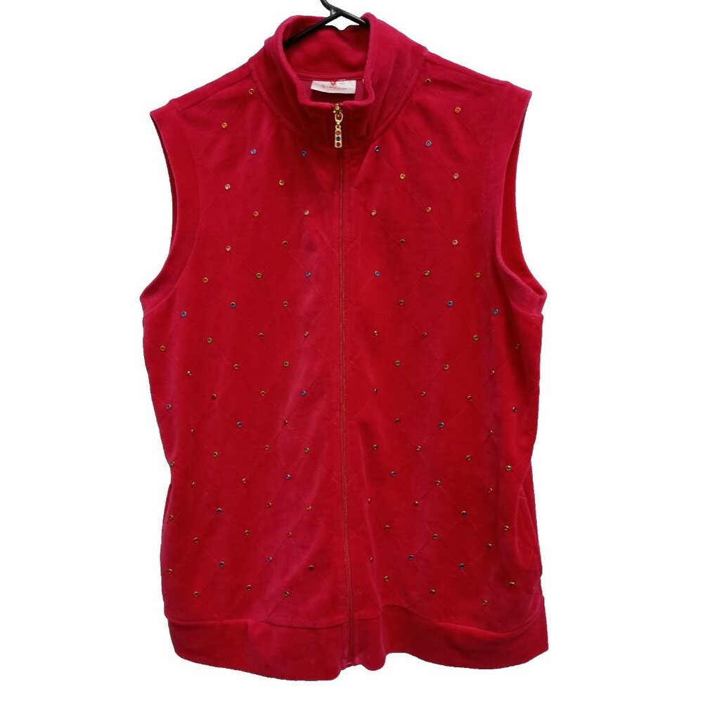 Quacker Factory Vest Womens Large Red‎ Velvet Embellished Wearable Art Outdoor